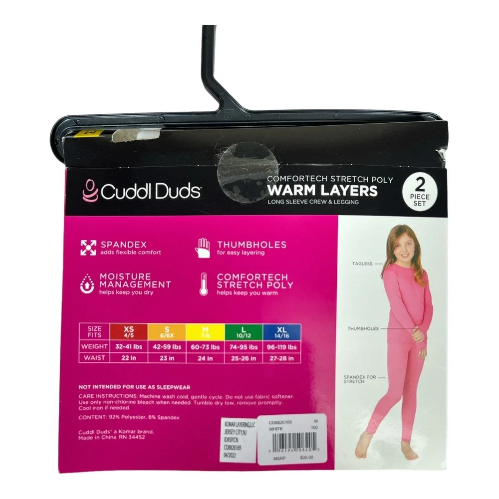 Cuddl Duds Girls Warm Layers 2 Piece Set Long Sleeve Crew Legging‎ White M